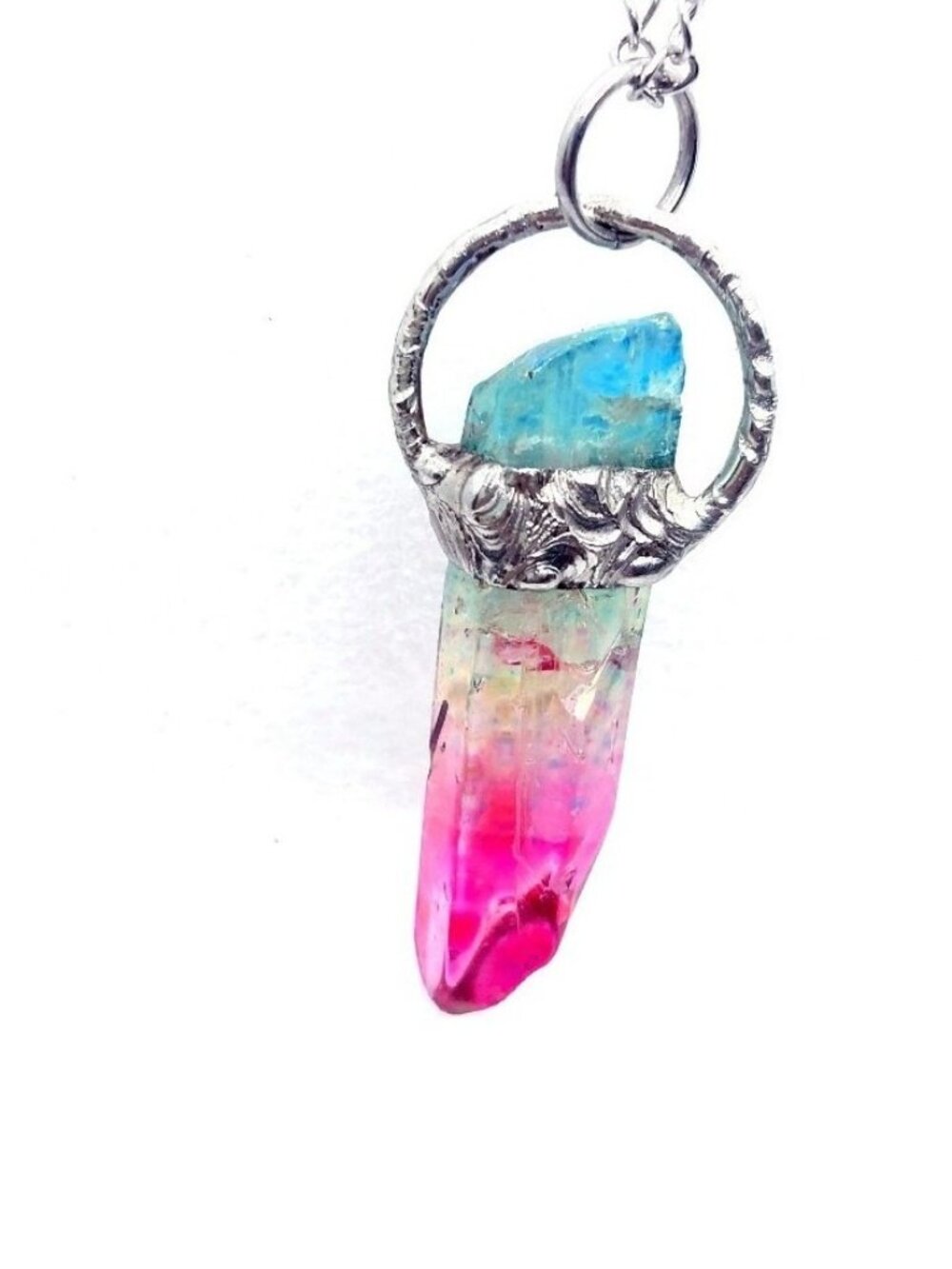 Rainbow aura quartz crystal necklace handmade jewelry